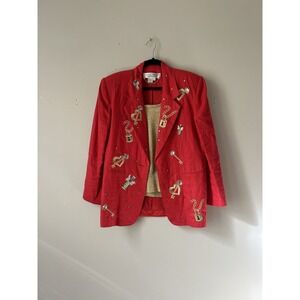 Vintage Lillie Rubin Exclusive Linen Red & Gold Key Beaded Blazer Gold Tank Set